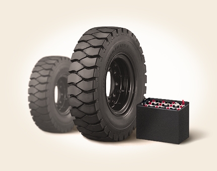 Traction batteries and tyres for forklifts